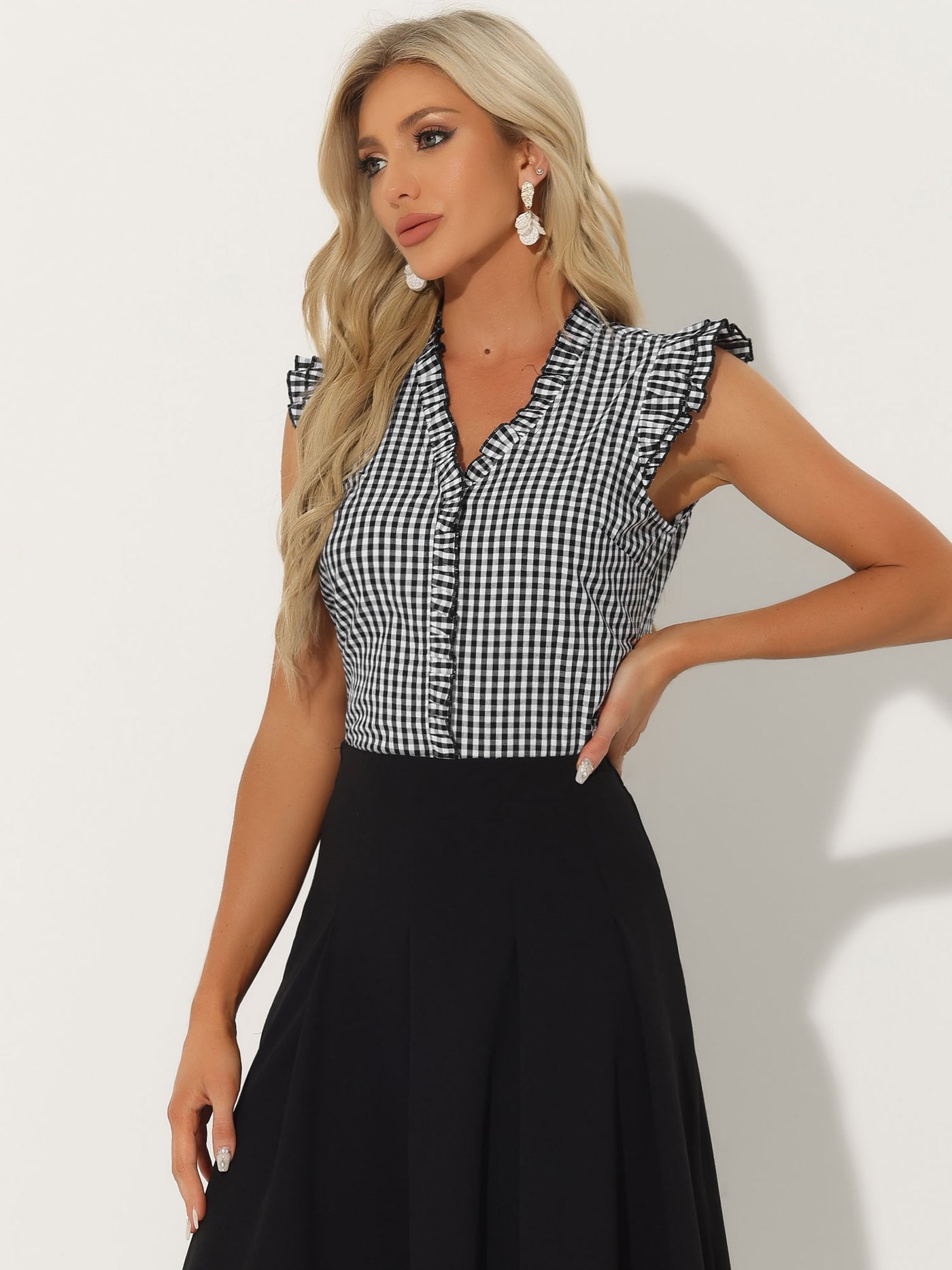 Allegra K Ruffle Button Down Cap Sleeve Plaid Gingham Blouse