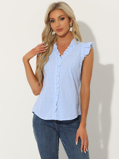 Ruffle Button Down Cap Sleeve Plaid Gingham Blouse