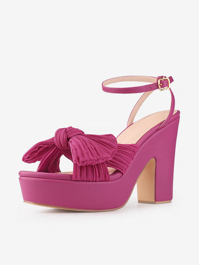 Women's Platform Pleated Bow Slingback Block High Heel Sandals