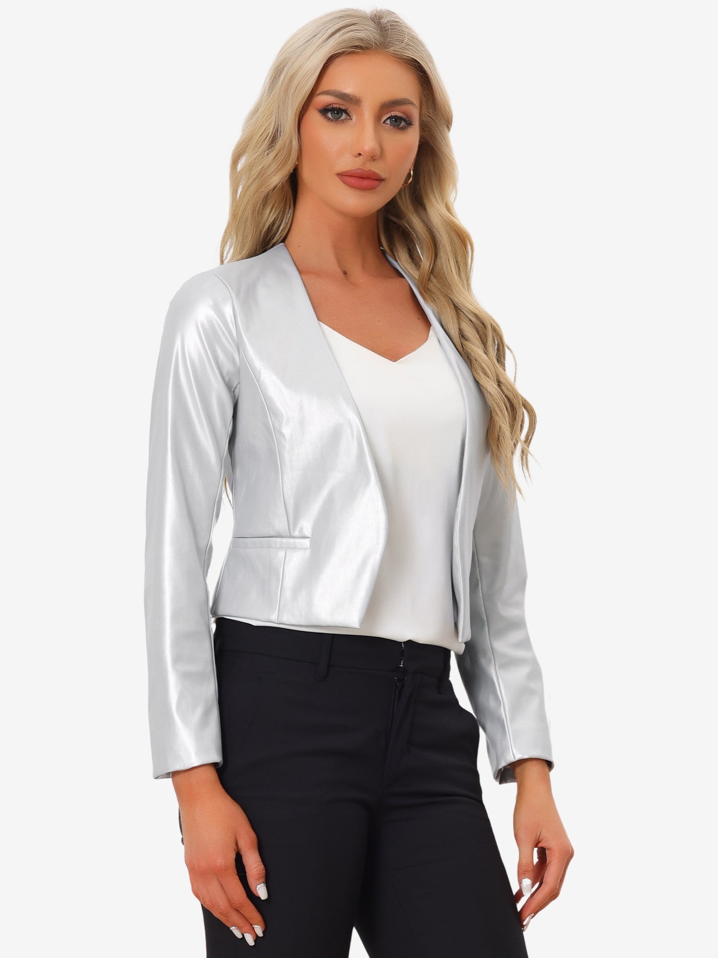 Allegra K Faux Leather Collarless Open Front PU Moto Biker Crop Blazer