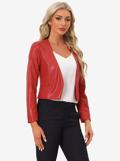 Faux Leather Collarless Open Front PU Moto Biker Crop Blazer