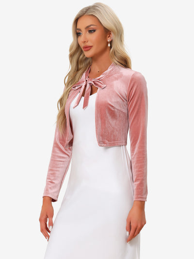 Velvet Crop Shrug Tie Front Long Sleeve Elegant Cocktail Bolero Cardigan