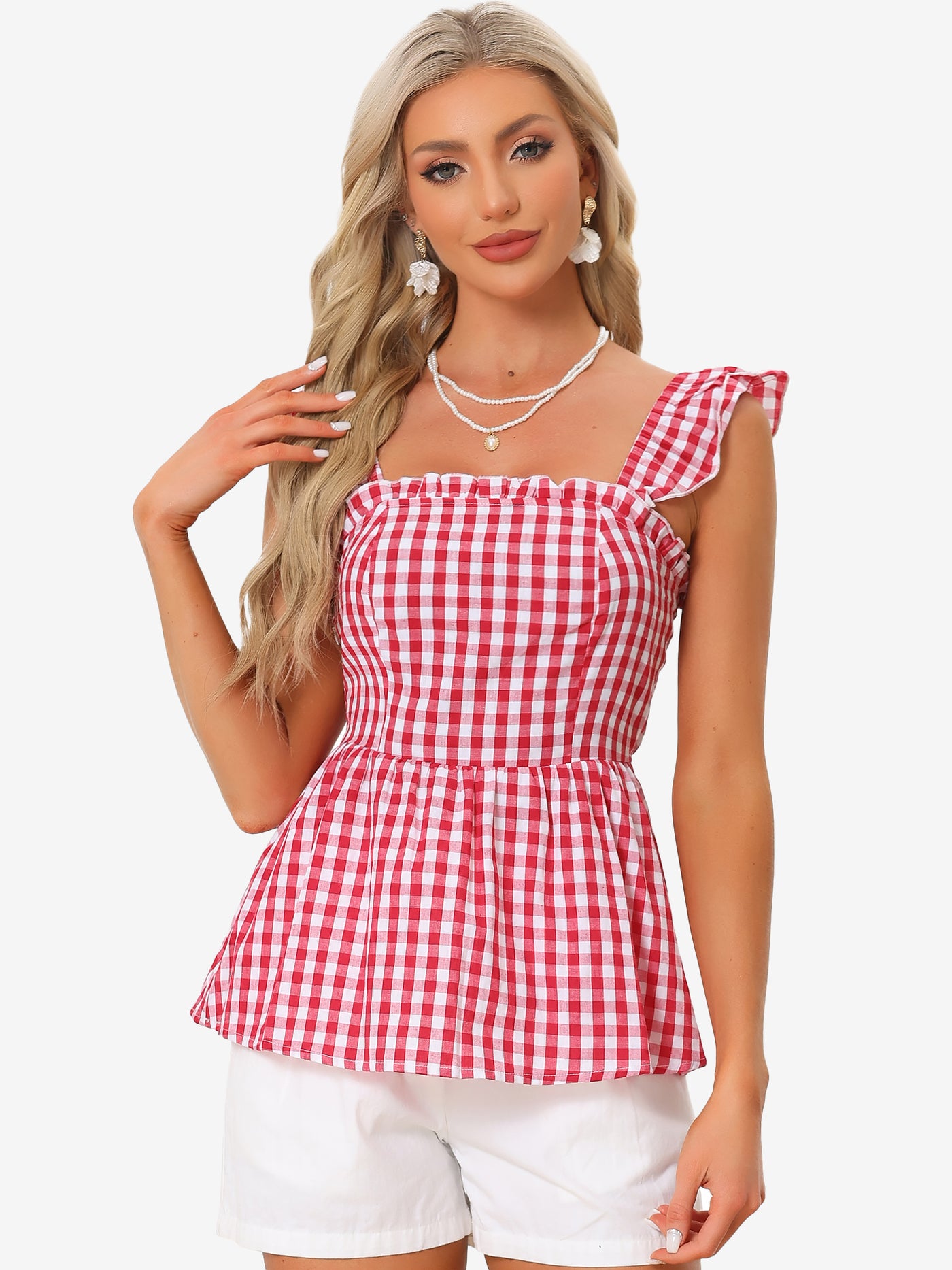 Allegra K Gingham Peplum Top Summer Square Neck Sleeveless Plaid Blouse