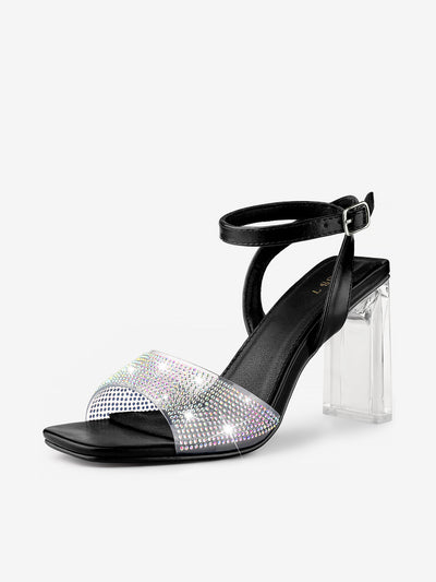 Women's Rhinestone Clear Heeled Ankle Strap Sandals