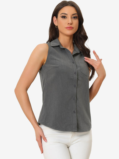 Denim Button Down Sleeveless Lapel V Neck Chambray Tunic Top