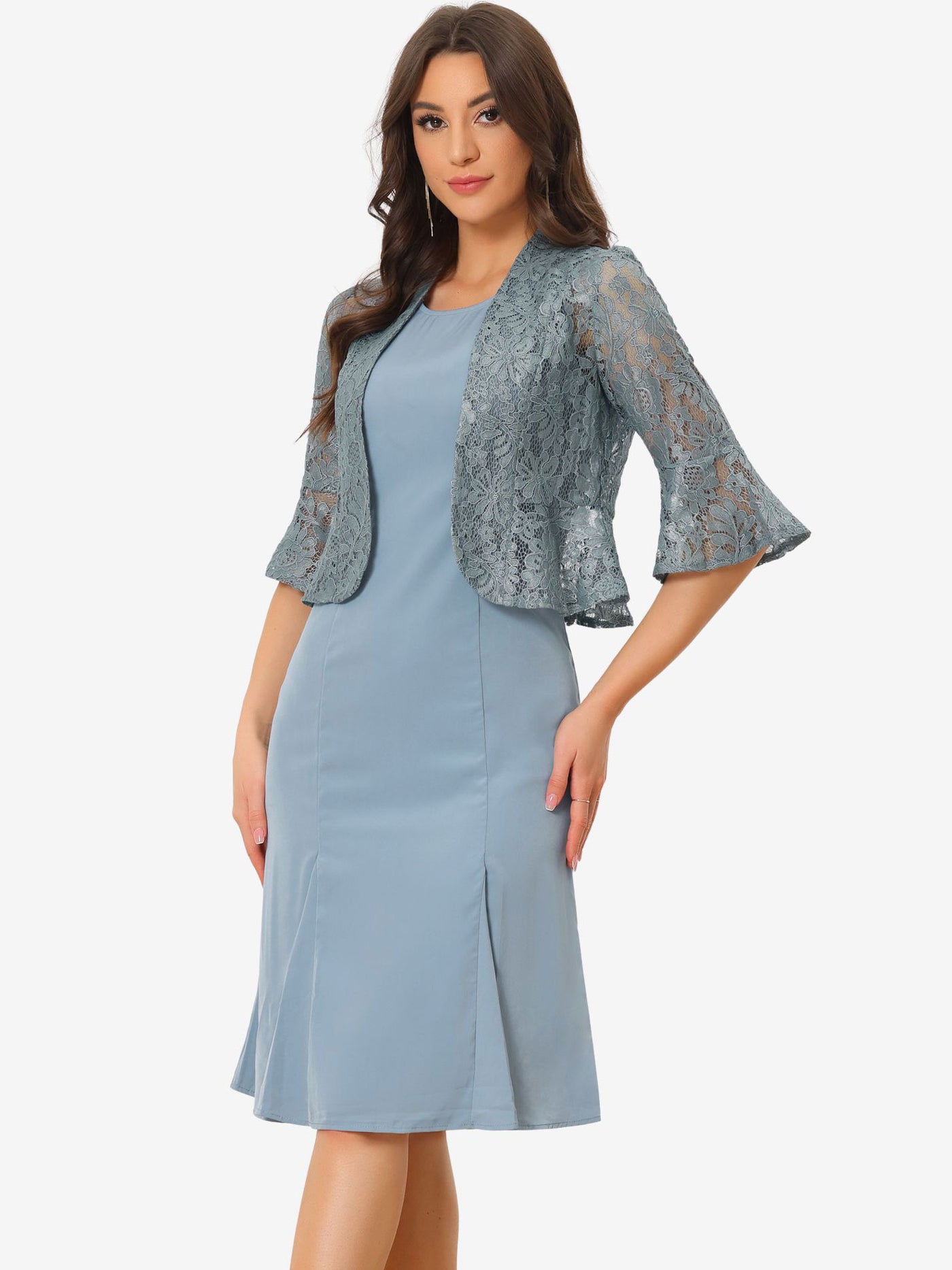 Allegra K 2 Pieces 3/4 Bell Sleeve Lace Cropped Shrug and Sleeveless Midi Fishtail Party Dress Sets