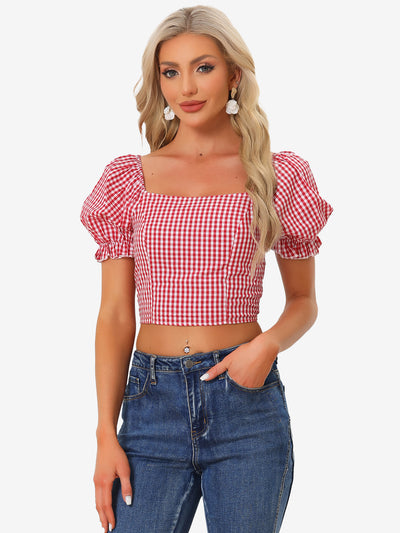 Gingham Bubble Sleeve Smocked Cropped Casual Blouse