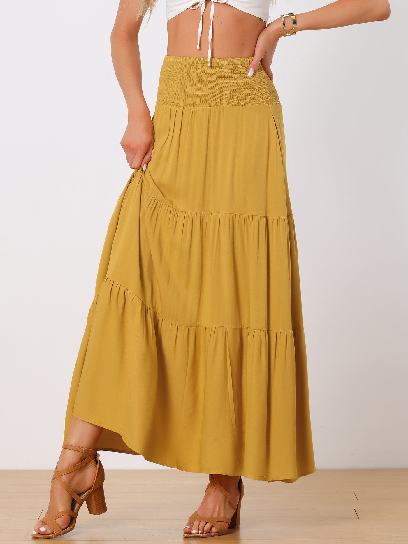 Allegra K Summer Maxi Casual Elastic High Waist Tiered Boho Long Skirt