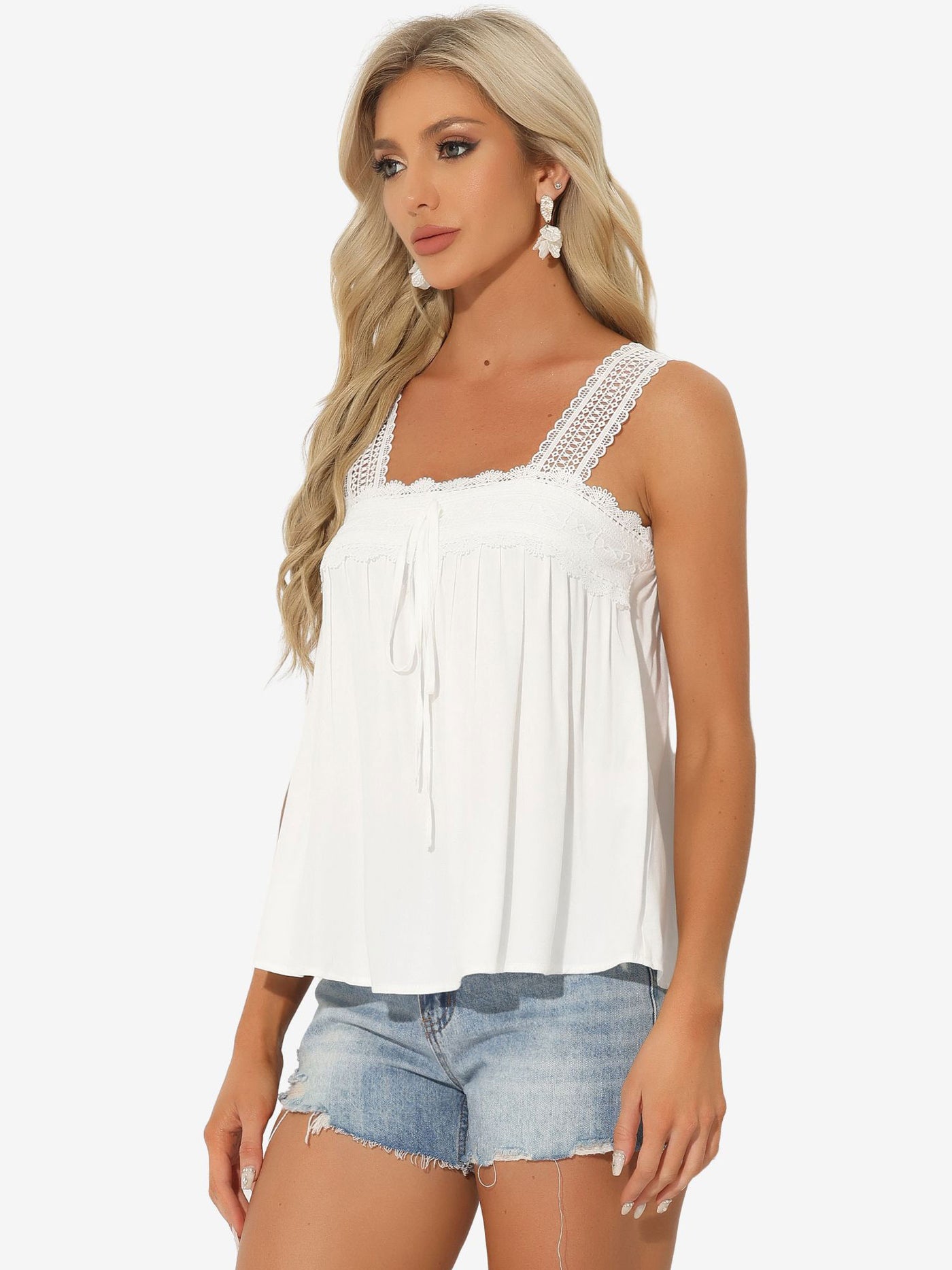 Allegra K Casual Sleeveless Square Neck Panel Lace Ruffles Tank Tops