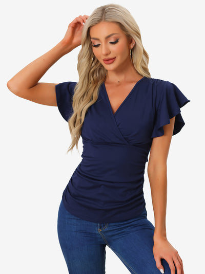 Faux Wrap Blouse Summer V Neck Ruffle Sleeve Casual Top Blouse