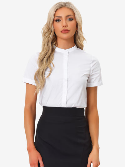 Allegra K Button Down Stand Collar Short Sleeve Office Work Shirt Bodysuits