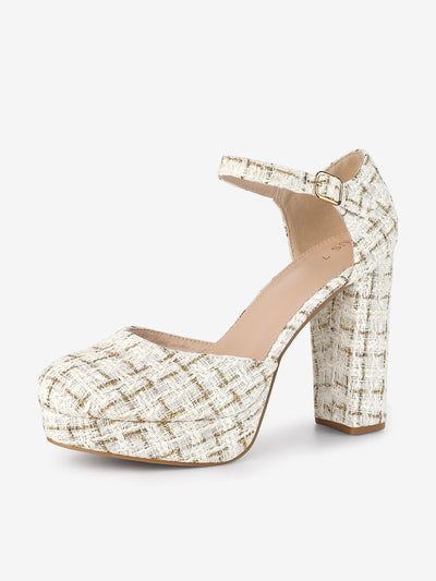 Women's Plaid Platform Ankle Strap Chunky Heel Mary Jane Pumps