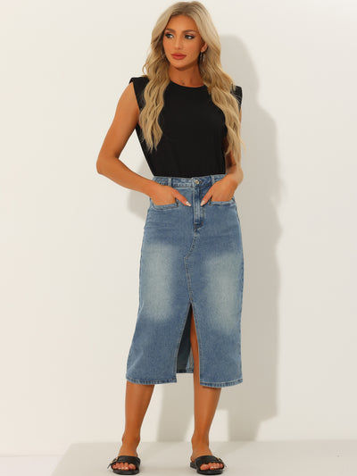 High Waist Slit Front with Pockets Jean Midi Denim Skirt