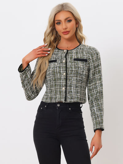 Tweed Plaid Round Neck Faux Pearl Button Long Sleeve Cropped Jacket