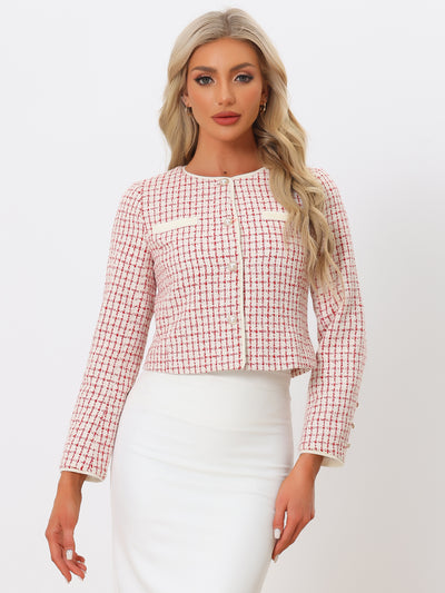 Tweed Plaid Round Neck Faux Pearl Button Long Sleeve Cropped Jacket