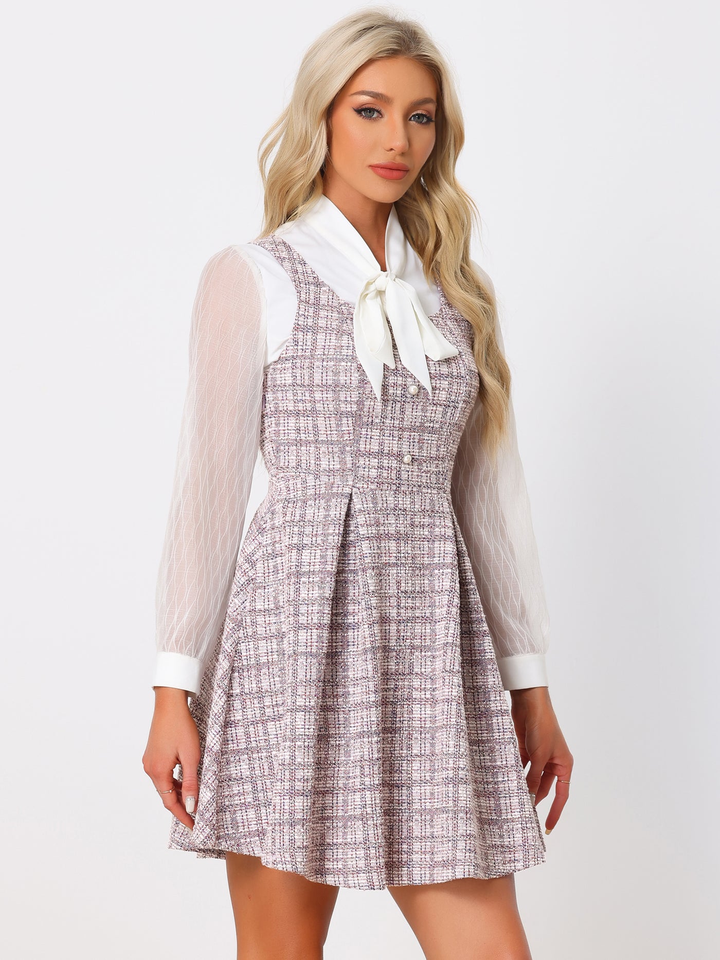 Allegra K Tweed Sleeveless Square Neck Plaid Fit and Flare Dress