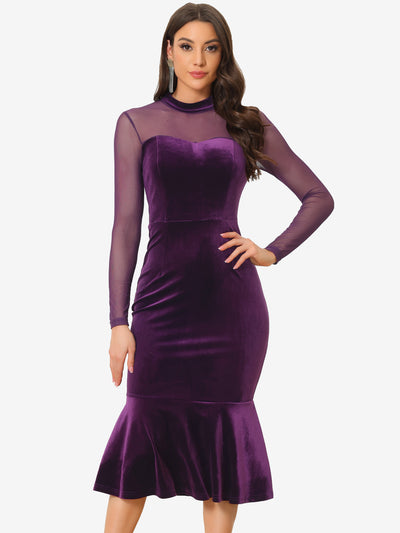 Bodycon Elegant Velvet Sheer Mesh Mock Neck Midi Cocktail Dress