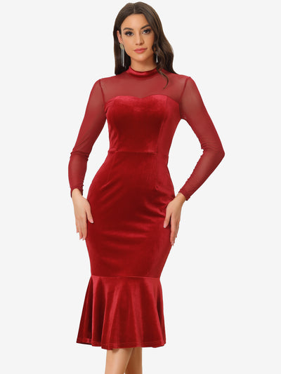 Bodycon Elegant Velvet Sheer Mesh Mock Neck Midi Cocktail Dress