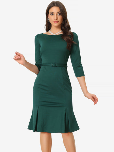 Business Elegant Boat Neck Half Sleeve Pleated Midi Solid Dress