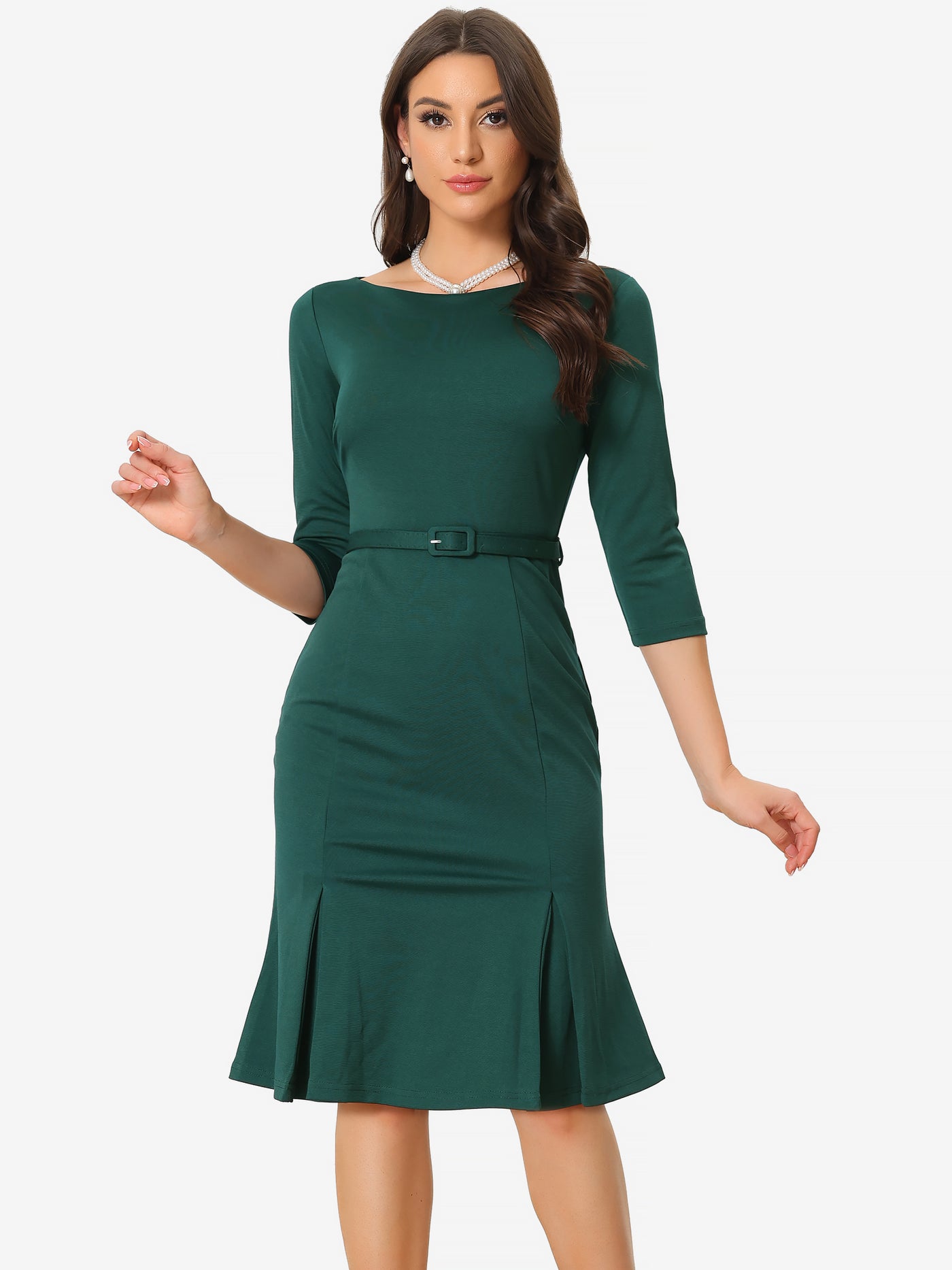 Allegra K Business Elegant Boat Neck Half Sleeve Pleated Midi Solid Dress