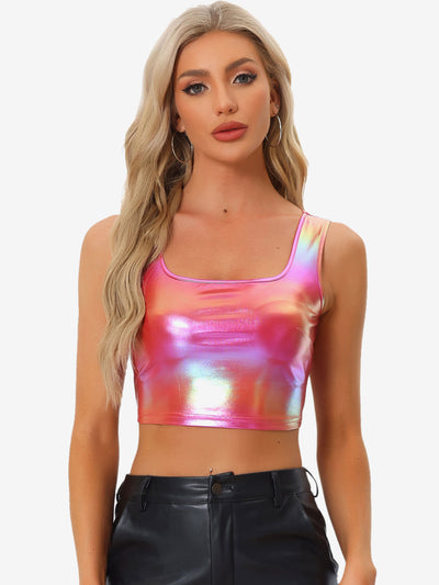 Sleeveless U Neck Party Holographic Shiny Metallic Crop Top