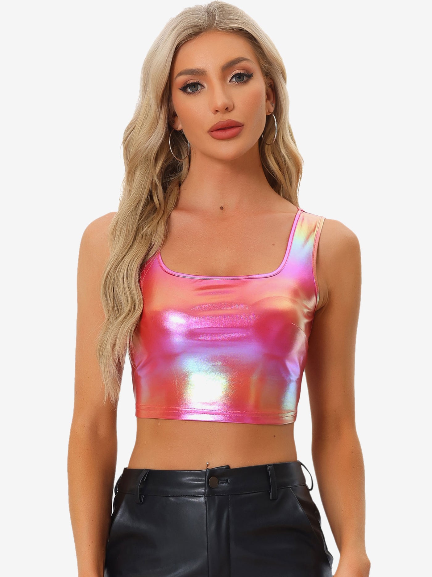 Allegra K U Neck Sleeveless Party Holographic Shiny Metallic Crop Top