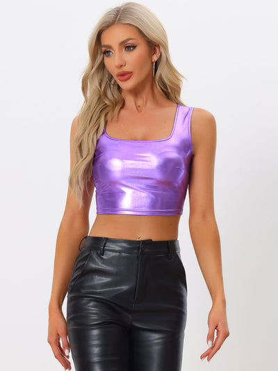 Sleeveless U Neck Party Holographic Shiny Metallic Crop Top