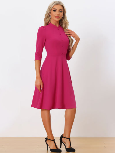 Retro 3/4 Sleeve Stand Collar Office Work Elegant A-Line Dress