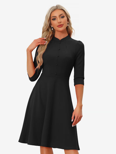 Retro 3/4 Sleeve Stand Collar Office Work Elegant A-Line Dress