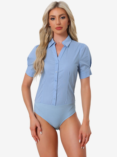 Button Down Leotard Shirt Short Sleeve Collared Business Work Bodysuit