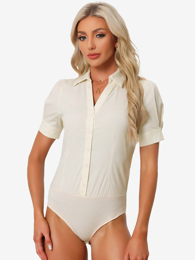 Button Down Leotard Shirt Short Sleeve Collared Business Work Bodysuit