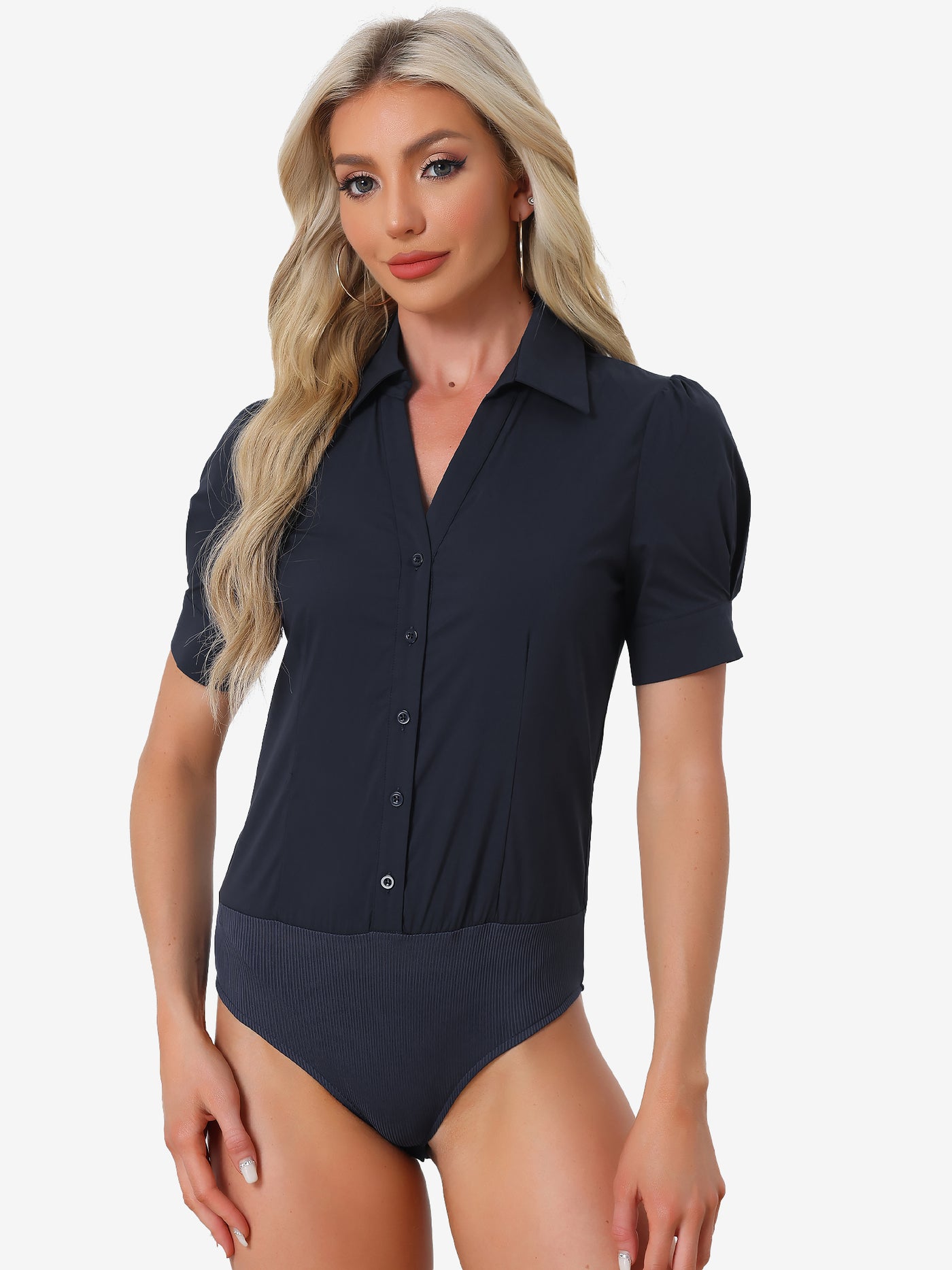 Allegra K Button Down Leotard Shirt Short Sleeve Collared Business Work Bodysuit