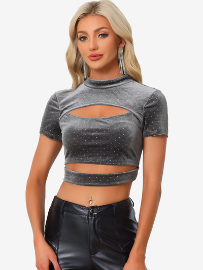 Cut Out Top Glitter Sparkle Velvet Short Sleeve Fitted Crop Tops