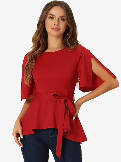 Split Half Sleeve Crew Neck Belted Knot Drap Casual Peplum Blouse