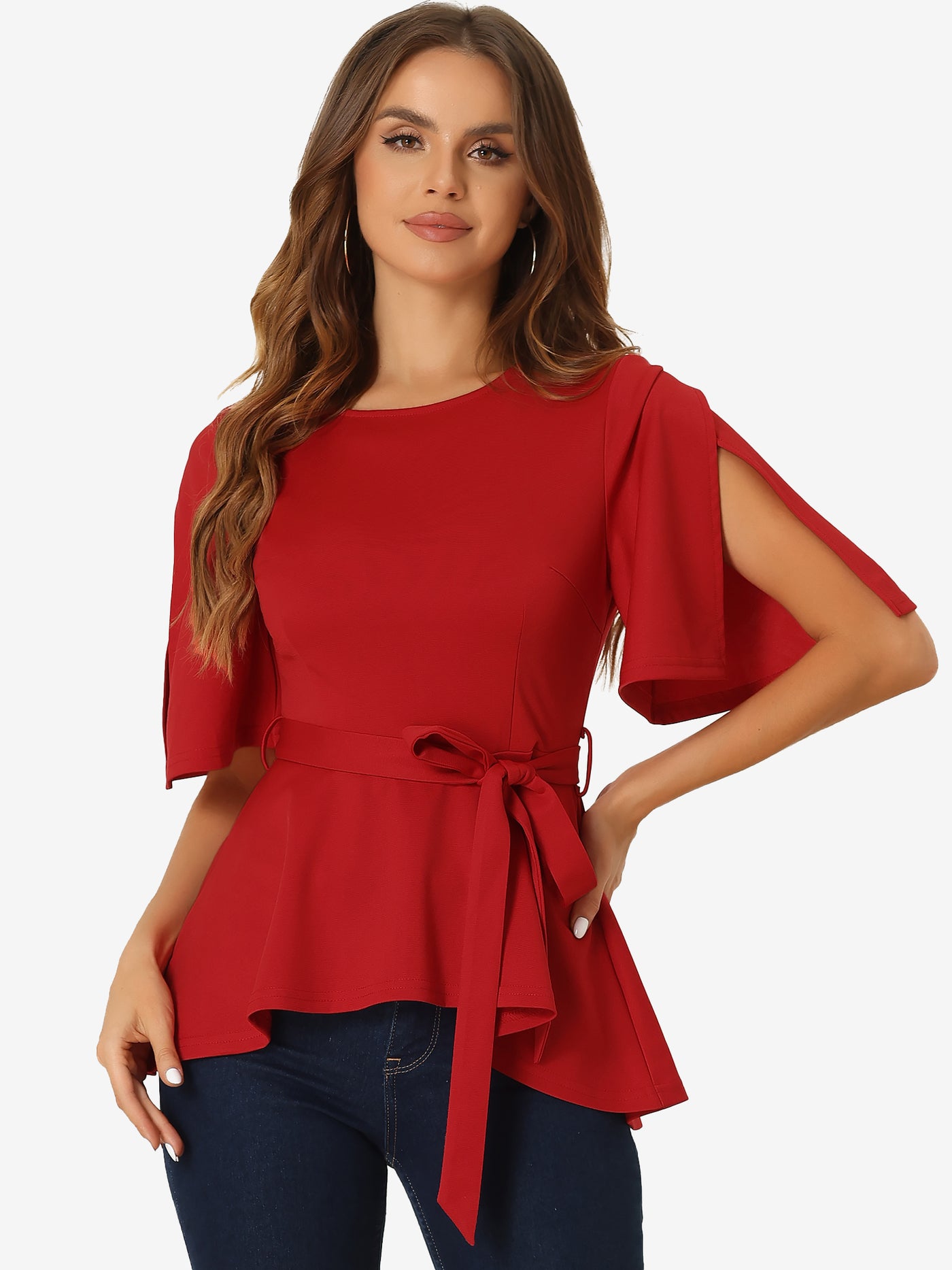 Allegra K Split Half Sleeve Crew Neck Belted Knot Drap Casual Peplum Blouse