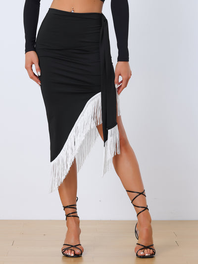 Fringe Trim Bodycon Asymmetrical Ruched Tie Waist Party Midi Skirts