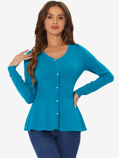 V Neck Long Sleeve Ribbed Pullover Knitted Peplum Top