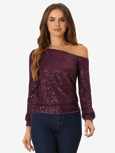 Off Shoulder Sequins Tops Disco Party Sparkly Glitter Top