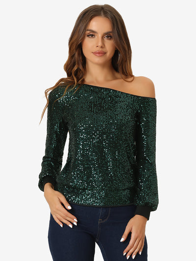 Off Shoulder Sequins Tops Disco Party Sparkly Glitter Top