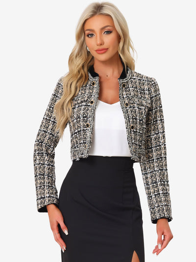 Stand Collar Double Breasted Elegant Plaid Tweed Crop Jacket