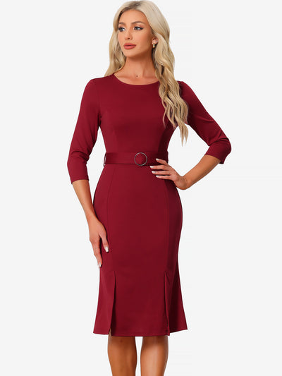 Crew Neck 3/4 Sleeve Slit Office Belted Pencil Sheath Dress