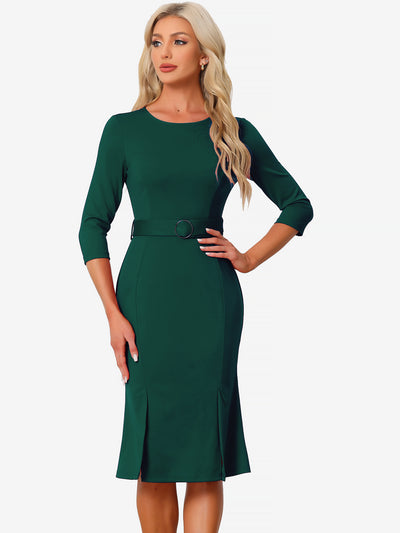 Crew Neck 3/4 Sleeve Slit Office Belted Pencil Sheath Dress