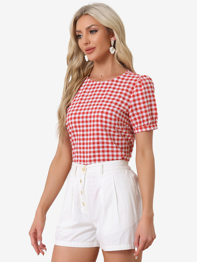 Vintage Blouse Plaid Crew Neck Puff Sleeve Casual Gingham Tops