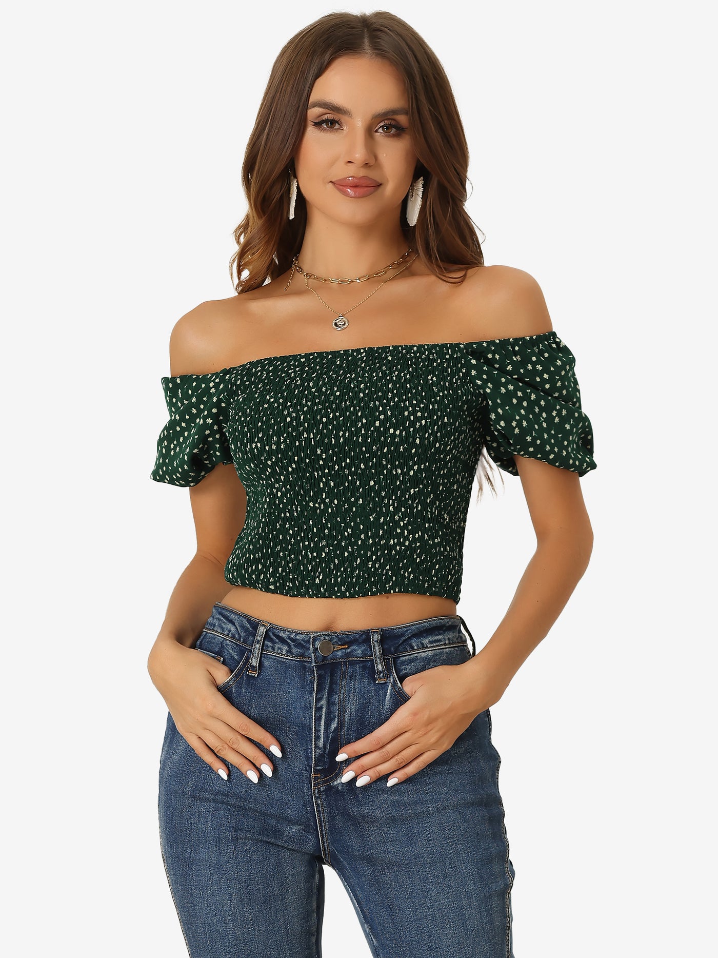 Allegra K Floral Smocked Tops Puff Sleeve Crop Top Summer Casual Blouse
