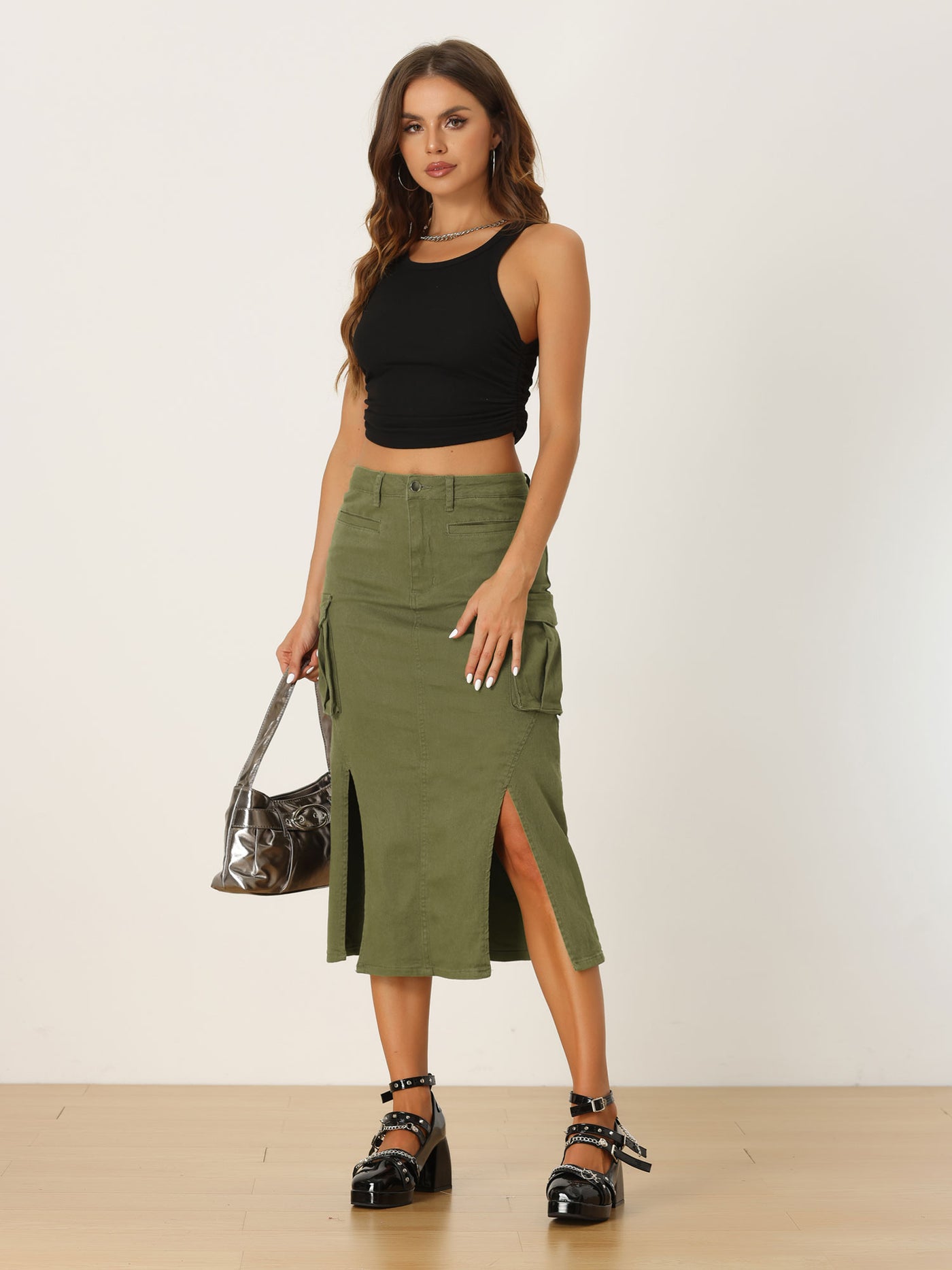 Allegra K Denim Cargo Y2K Split Hem Midi Pocketed Jean Skirt