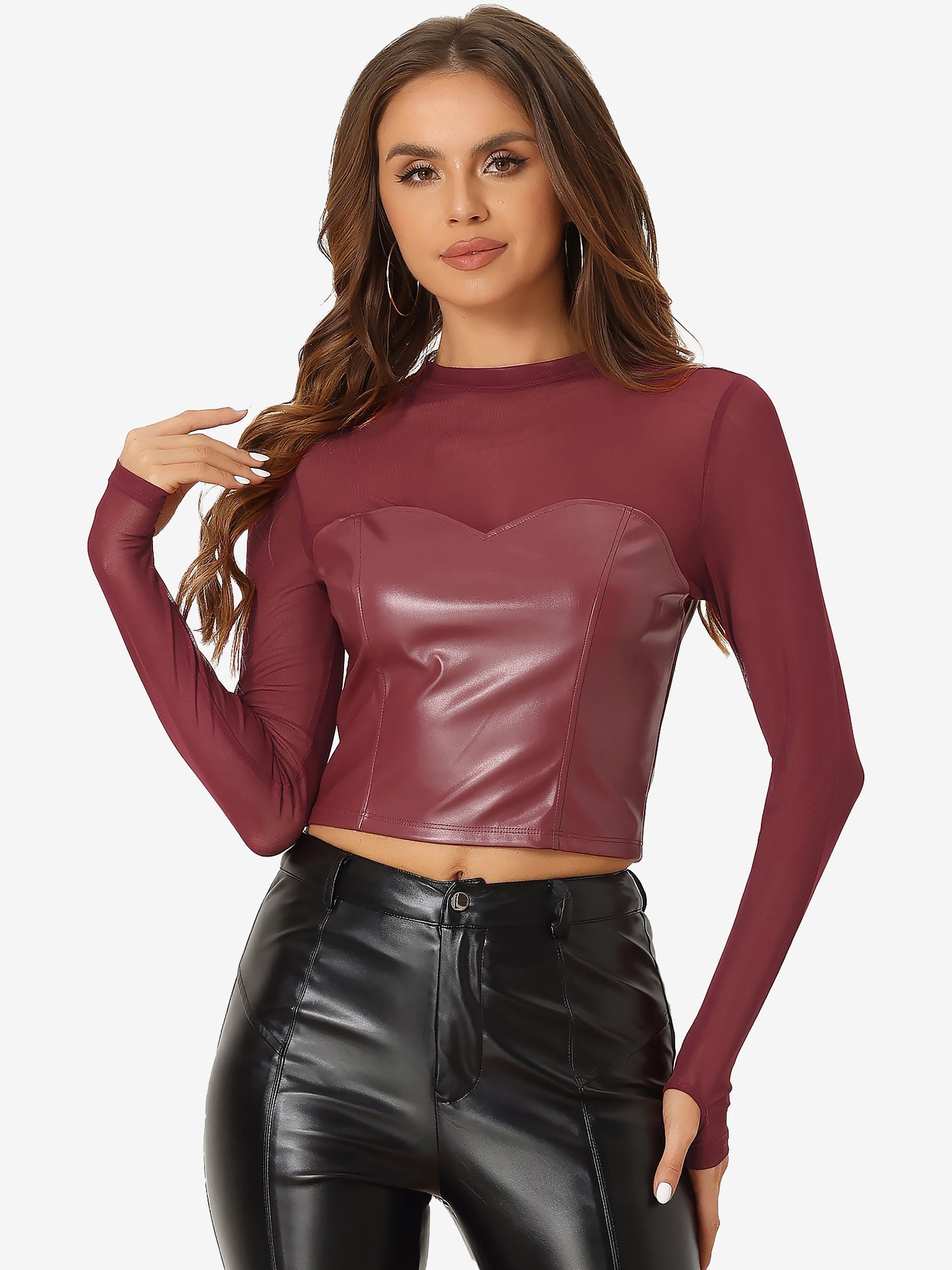 Allegra K Sexy Top Faux Leather Mesh Sleeve Sweetheart Stand Collar Shirt