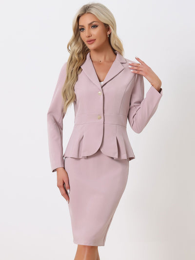 Long Sleeve Notched Lapel Peplum Blazer Pencil Skirt 2 Piece Set