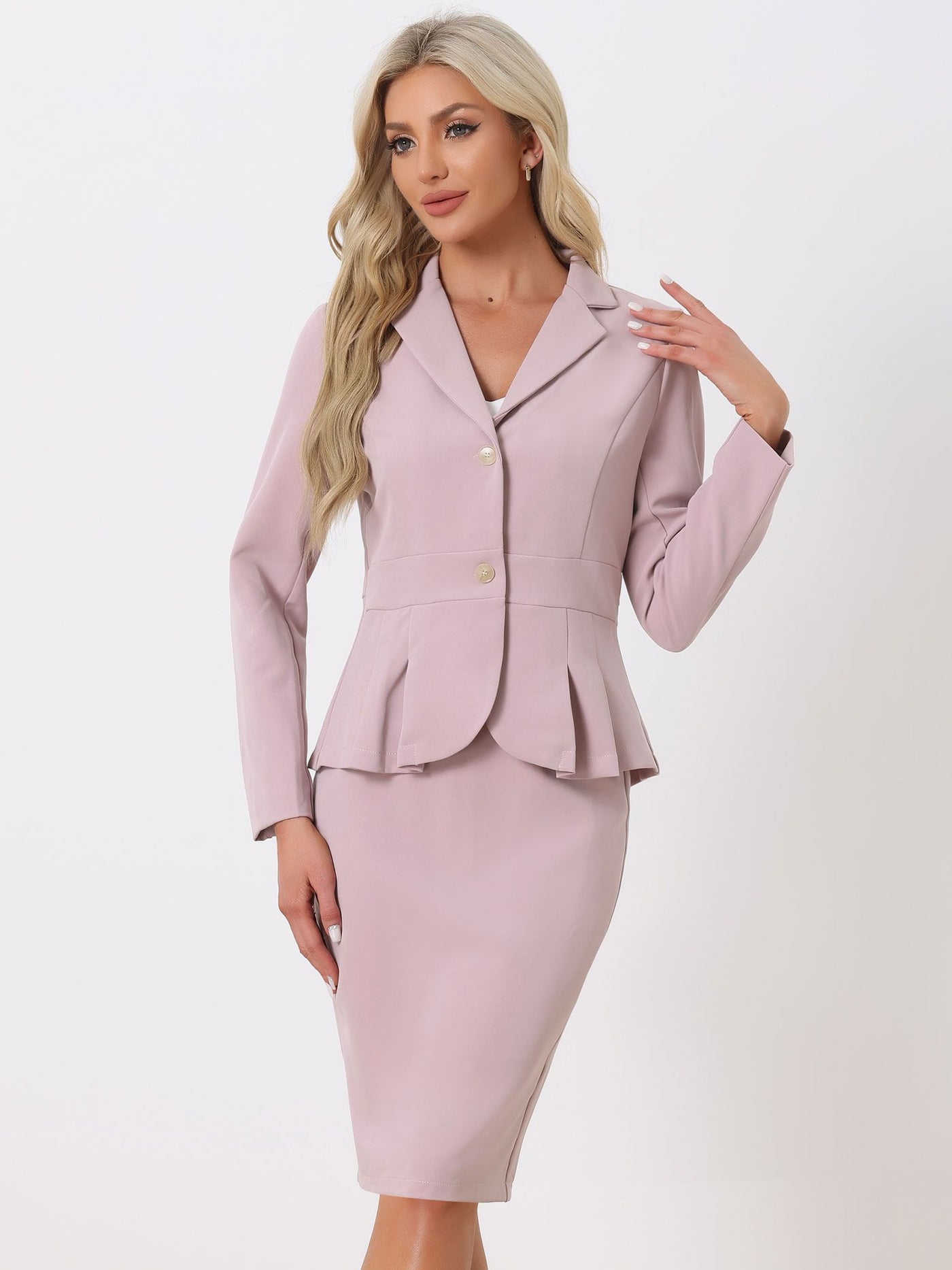 Allegra K Long Sleeve Notched Lapel Peplum Blazer Pencil Skirt 2 Piece Set