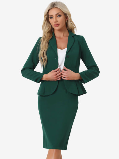 Long Sleeve Notched Lapel Peplum Blazer Pencil Skirt 2 Piece Set