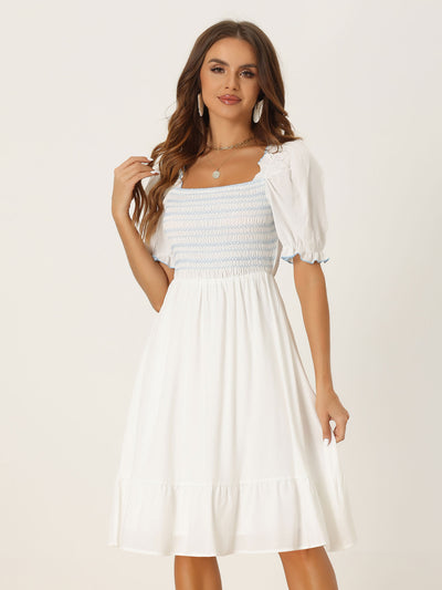 Allegra K Smocked Puff Short Sleeve Ruffle Shirred Summer Midi Dress